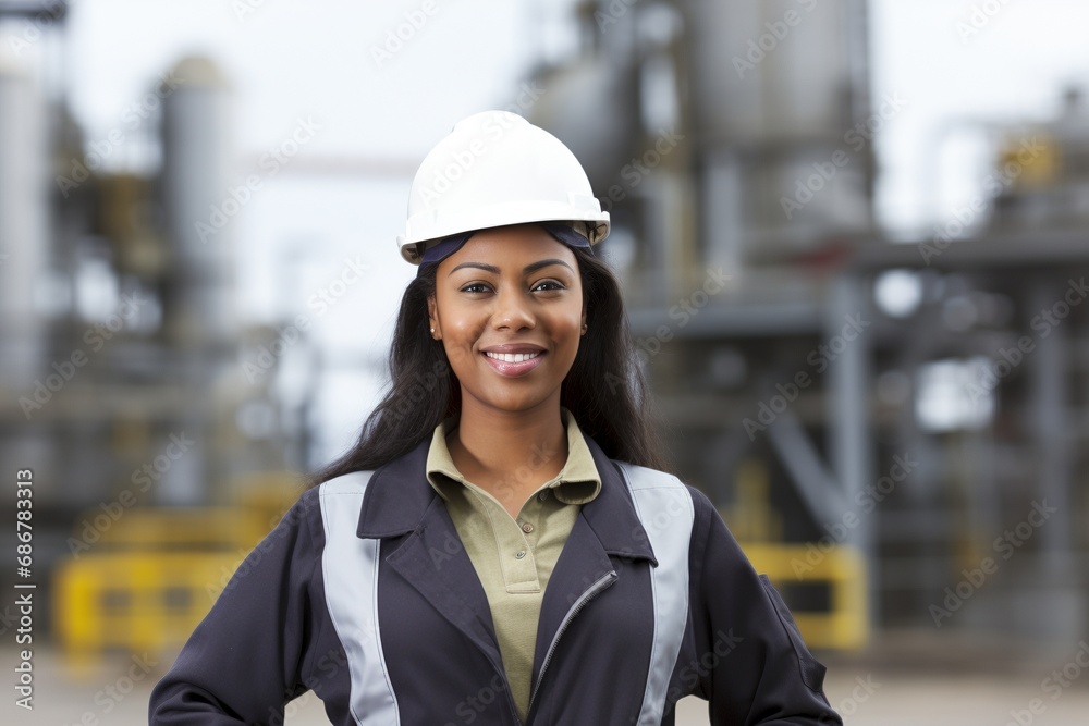 Portrait of a Professional Female: Smiling Construction Worker Expertly Managing Operations and Safety Standards Portrait of a Professional Female: Smiling Construction Worker Expertly Managing Operations and Safety Standards