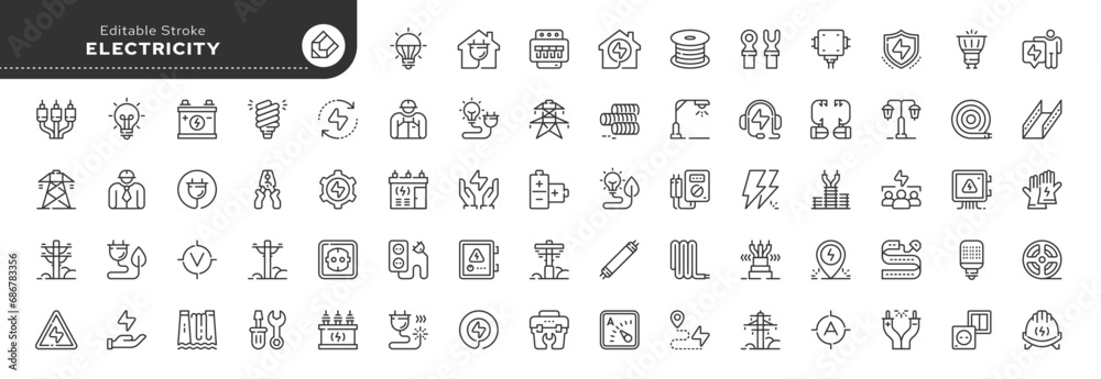 Set of line icons in linear style. Series - Electricity, electric power line, light, light bulb and electrical equipment.Outline icon collection. Conceptual pictogram and infographic. - obrazy, fototapety, plakaty 