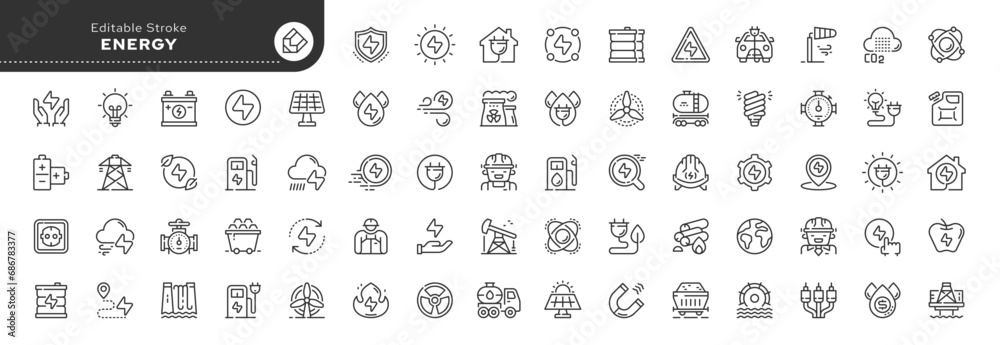 Set of line icons in linear style. Series - Energy, energy resources, type of energy and power. Outline icon collection. Conceptual pictogram and infographic. - obrazy, fototapety, plakaty 
