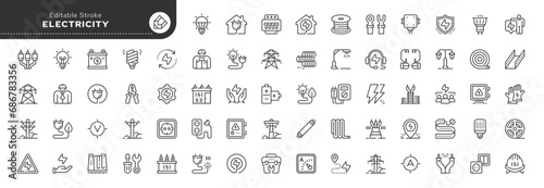 Set of line icons in linear style. Series - Electricity, electric power line, light, light bulb and electrical equipment.Outline icon collection. Conceptual pictogram and infographic. photo