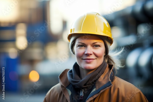 Portrait of a Professional Female: Smiling Construction Worker Expertly Managing Operations and Safety Standards