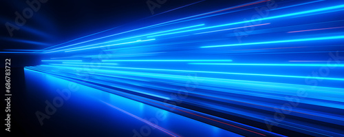 Bright glowing white neon lines on blue color abstract background, illustration of web banner