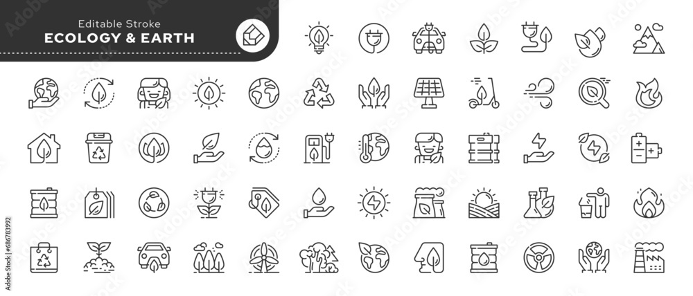 Set of line icons in linear style. Series - Ecology.Environment and renewable energy. Green ecology and recycling. Outline icon collection. Conceptual pictogram and infographic. Set of line icons in linear style. Series - Ecology.Environment and renewable energy. Green ecology and recycling. Outline icon collection. Conceptual pictogram and infographic.