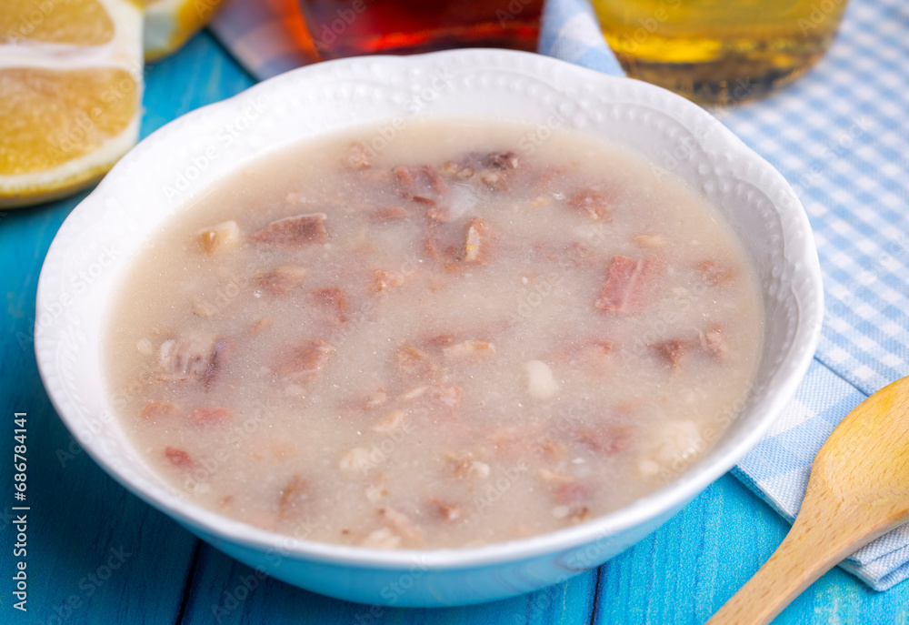 Traditional delicious Turkish food, Turkish traditional tripe soup; iskembe corbasi and offal soup, Turkish Meat Soup Kelle Paca (Turkish name; Kelle paca corbasi) Traditional delicious Turkish food, Turkish traditional tripe soup; iskembe corbasi and offal soup, Turkish Meat Soup Kelle Paca (Turkish name; Kelle paca corbasi)
