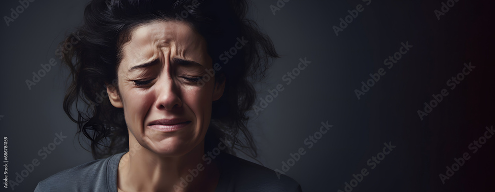 Depressed middle age woman with sad face expression crying and worry for distress on dark background with copyspace Depressed middle age woman with sad face expression crying and worry for distress on dark background with copyspace