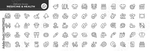 Set of line icons in linear style. Series - Medicine, healthcare and health. Human organ, medical instruments and treatment. Outline icon collection. Conceptual pictogram and infographic.
