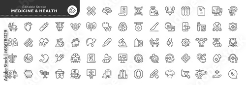 Set of line icons in linear style. Series - Medicine, healthcare and health. Human organ, medical instruments and treatment. Outline icon collection. Conceptual pictogram and infographic.