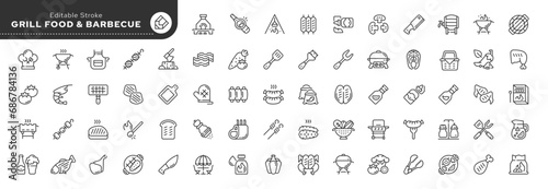 Set of outline icons in linear style. Series - Grill, barbecue, grilled food and grilling. Meat, vegetables and grill accessories.Outline icon collection. Conceptual pictogram and infographic.