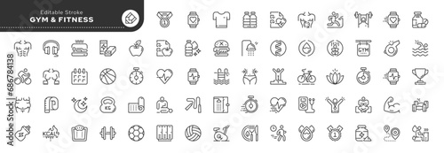 Set of outline icons in linear style. Series - Gym, fitness and sports. Health and healthy lifestyle. Line icon collection. Pictogram and infographics.