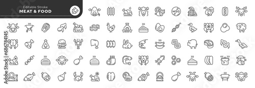 Set of line icons in linear style. Series - Meat. Meat products, food and semi-finished products. Types of meat and sausages. Outline icon collection. Pictogram and infographic. Editable stroke.