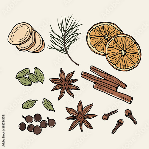 Line art mulled wine spices drawing