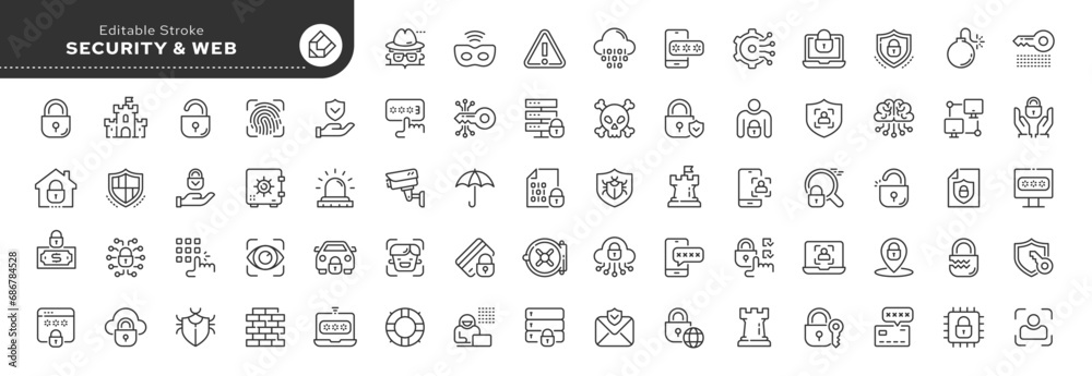 Set of line icons in linear style.Series - Security, web safety and cyber protection.Shield, locking padlock, password, safe key, data protection. Outline icon collection. Conceptual pictogram