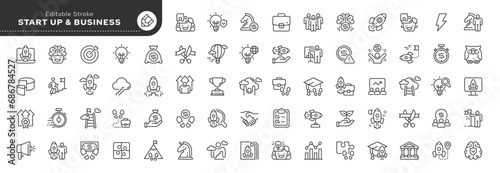 Set of line icons in linear style. Set - Start up, starting a business, marketing, financial and career start. Web line icon. Outline pictogram and infographic. Vector collection