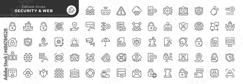 Set of line icons in linear style.Series - Security, web safety and cyber protection.Shield, locking padlock, password, safe key, data protection. Outline icon collection. Conceptual pictogram