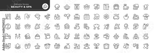 Set of line icons in linear style. Series - Spa salon, beauty. Skin, face, hair and body care. Outline icon collection. Pictogram and infographics.