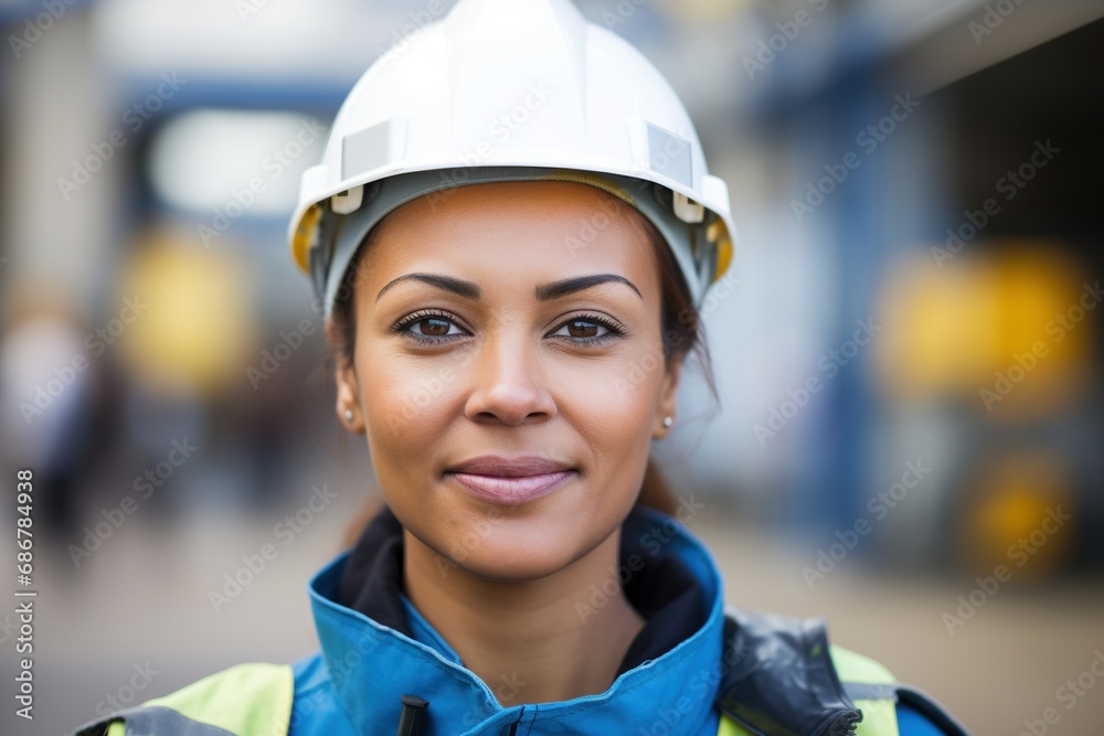 Female Building Dreams: Portrait of a Smiling Construction Worker Ensuring Safety and Overseeing Operations Female Building Dreams: Portrait of a Smiling Construction Worker Ensuring Safety and Overseeing Operations