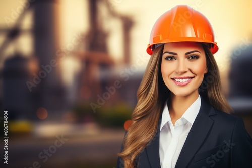 Female Building Dreams: Portrait of a Smiling Construction Worker Ensuring Safety and Overseeing Operations