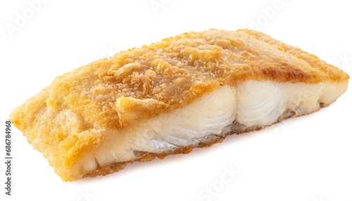 breaded pollack isolated on white background, cut out photo