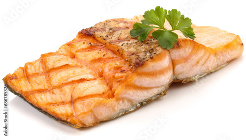 Fried salmon filet isolated on white background cutou