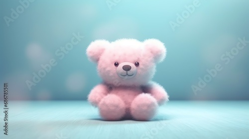 a pink teddy bear sitting on a blue surface