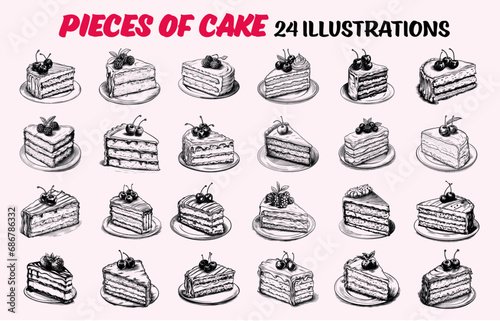 Collection of drawn Pieces of cake. Sketch illustration 