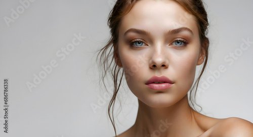 Gorgeous female model. Close up portrait of adult woman with blue eyes  skin care and beauty  natural freckles  Extended copy space.