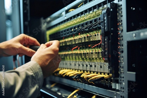 Close-up of an IT engineer installing new server rack hardware in a modern data center. An IT specialist performing hardware updates, diagnostics, and maintenance.
