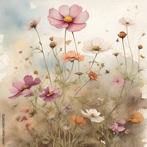 Watercolor cosmos flowers, generative ai © Andreea Eremia 