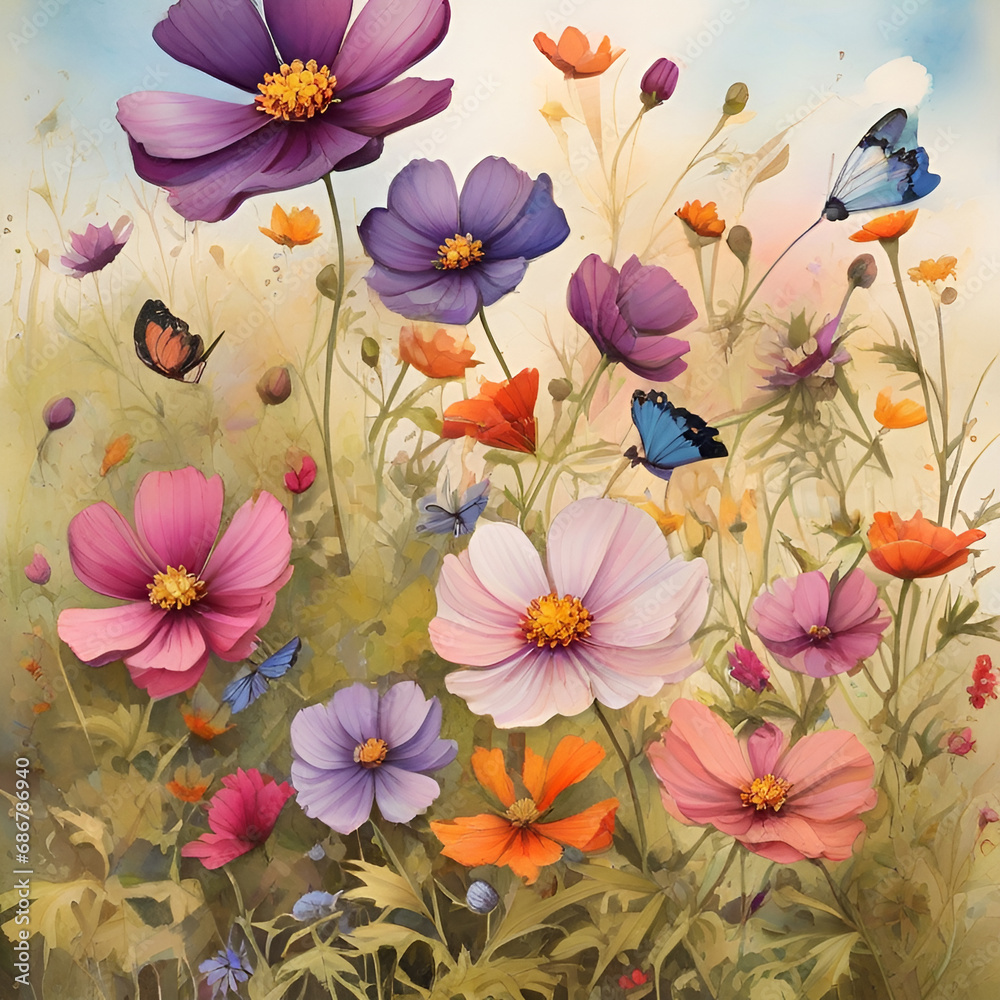 Watercolor cosmos flowers, generative ai Watercolor cosmos flowers, generative ai