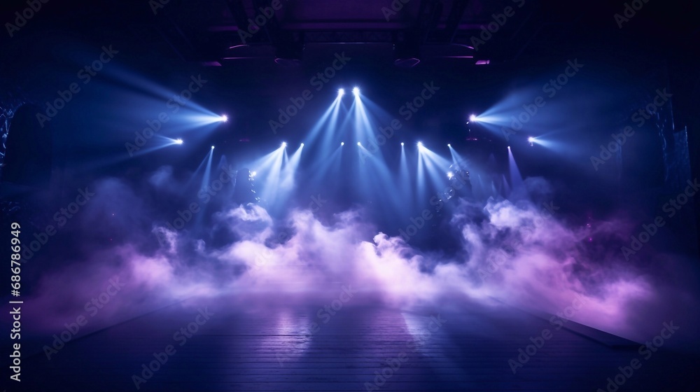 Close up Illuminated stage with scenic lights and smoke. Blue purple spotlight with smoke volume light effect on dark background. Realistic modern 3d empty minimal scene mockup design