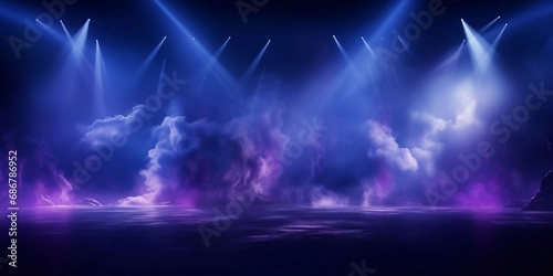 Close up Illuminated stage with scenic lights and smoke. Blue purple spotlight with smoke volume light effect on dark background. Realistic modern 3d empty minimal scene mockup design photo