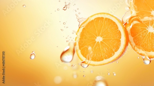 Vitamin C abstract design for banner with empty copy space and orange color background.   range juice or essential oil advertising poster mockup. Medical  food  cosmetic and scientific concepts