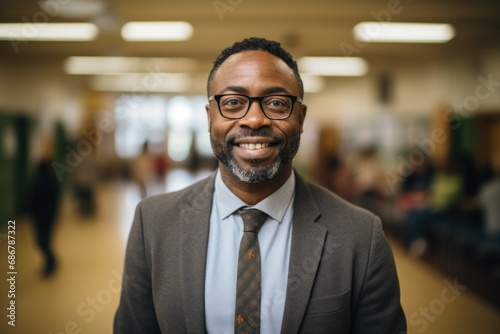 Confident Educator Smiling in a Busy School Hallway 