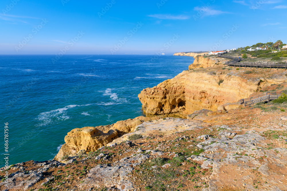 The rugged coastline and sea at Carvoeiro Portugal, in the municipality of Lagoa, Algarve, Portugal.