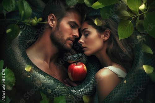 A modern-day Adam and Eve with a serpent and an apple, evoking the timeless tale of temptation. photo
