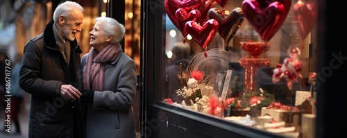 A close-up shot of a loving elderly couple, a man and a woman, strolling by the store windows adorned for Valentine’s Day, February 14, winter, holiday.