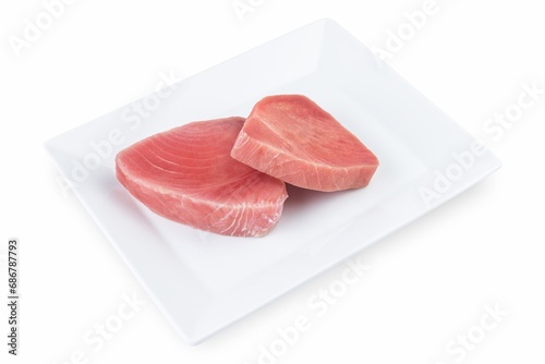 Chilled tuna on a white plate. White background