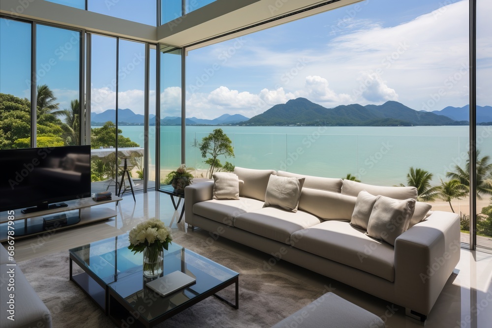 Fototapeta premium Luxury Villa with Panoramic Sea View and Modern Living Room Design at Stunning Location