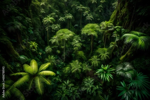 A dense rainforest canopy viewed from above  showcasing various shades of green and the occasional blooming orchid.