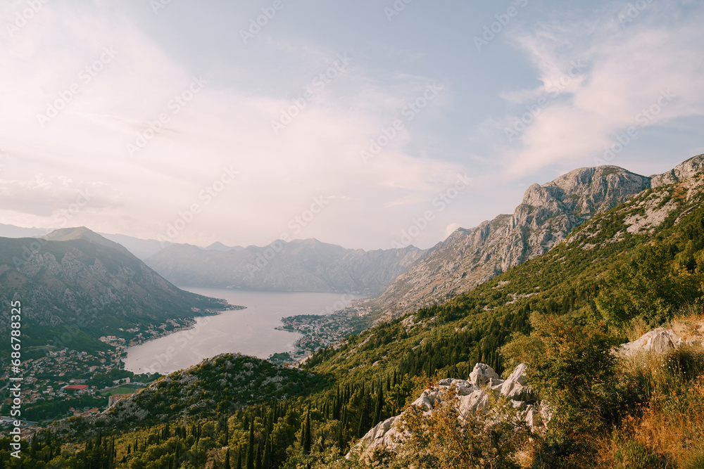 View from the mountain to the Bay of Kotor, surrounded by a mountain range. Montenegro