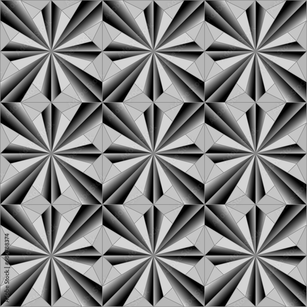 Seamless geometric pattern. Monochrome gradient vector illustration. Steel decorative geometric ornament. Illusion pattern background. Tile metallic ornament in technological style. Seamless geometric pattern. Monochrome gradient vector illustration. Steel decorative geometric ornament. Illusion pattern background. Tile metallic ornament in technological style.
