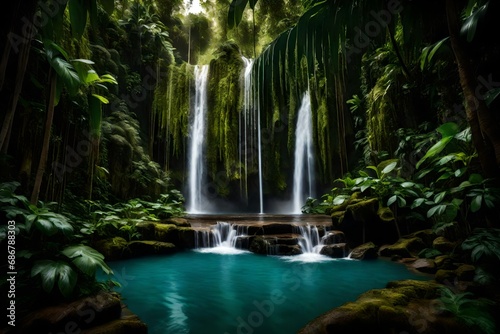A towering waterfall plunging into a secluded pool surrounded by verdant tropical foliage. © Nature_X