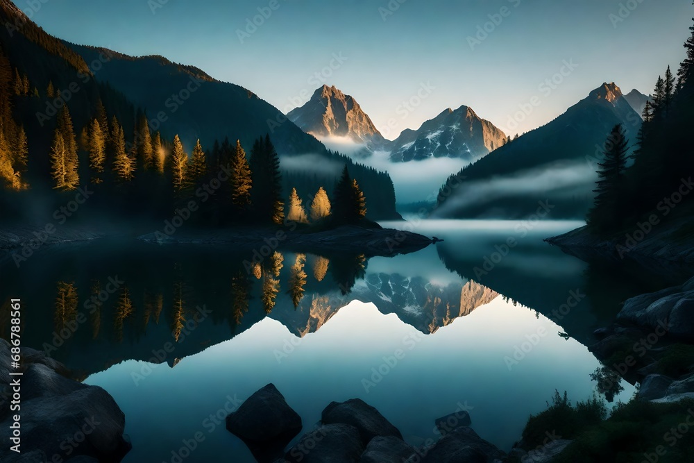 A serene mountain lake at dawn, with mist hovering above the water and the first rays of sunlight illuminating the peaks.