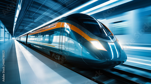 Futuristic High-Speed Train Whizzing By, Emphasizing Sustainability and Green Transportation Concepts