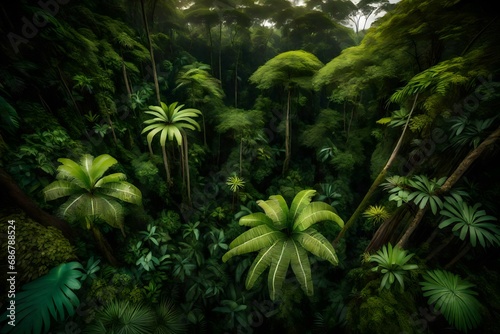 A dense rainforest canopy viewed from above  showcasing various shades of green and the occasional blooming orchid.