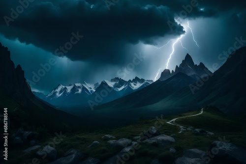 A mountain range during a thunderstorm, with lightning illuminating the peaks against dark clouds. © Nature_X