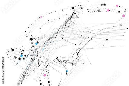 Confetti stars and pencil strokes. The stars fly along the trajectory of the lines. Black, white colors. Festive background. Vector illustration