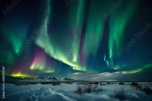 The Northern Lights (Aurora Borealis) dancing over a snowy, untouched Arctic tundra.