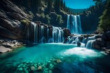 A remote waterfall hidden in a mountainous region, with crystal-clear water dropping into a deep blue pool.