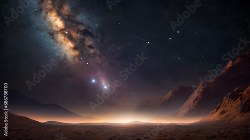 Fantasy alien planet. Mountain and nebula.